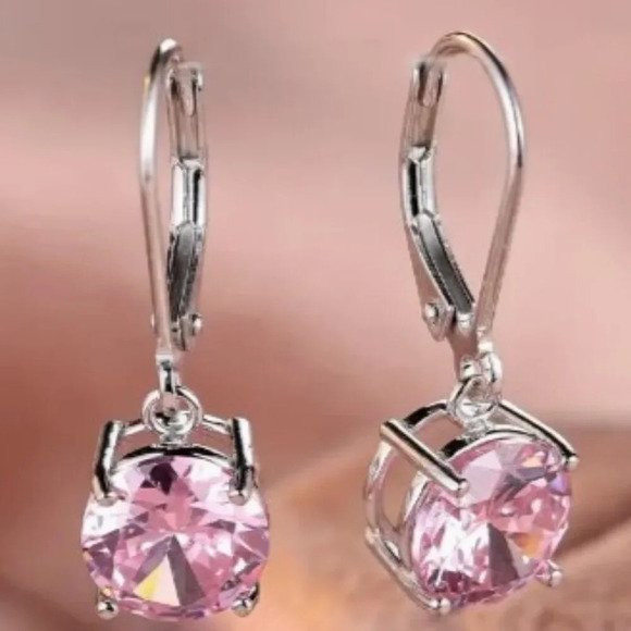 Jewelry - Sterling 925 Silver Plated, Pink Zircon Round Dangle Earrings - Hypoallergenic